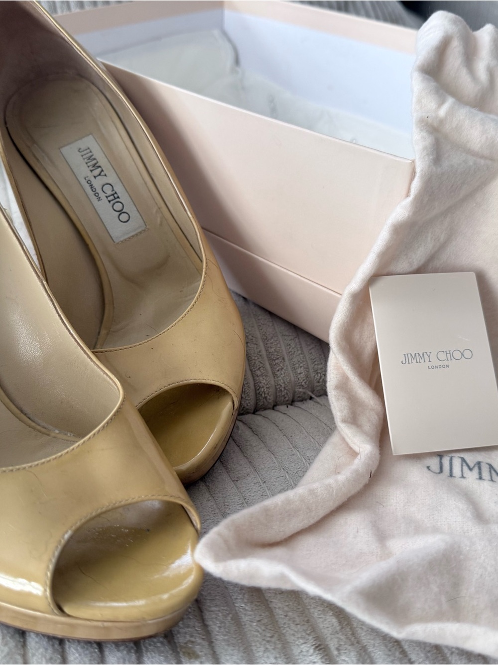 Jimmy Choo Nude Patent Peep-Toe Platform Heels